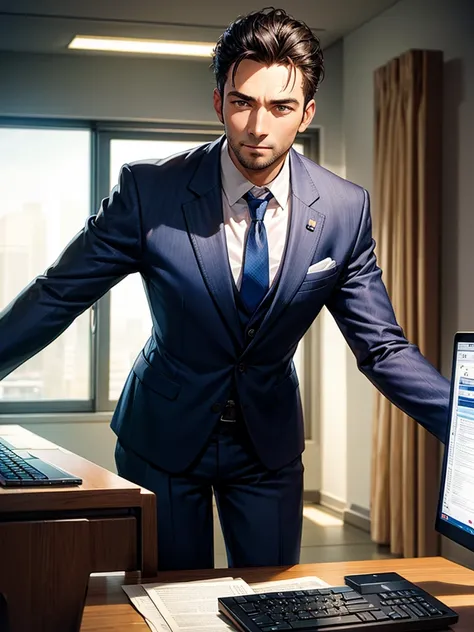 Highest quality,Highest Resolution,Businessman,suit,computer,desk work,