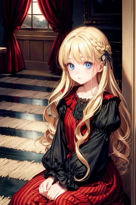 handdrawn, long hair, Blonde girl, big blue eyes tim burton style, no pupils, in a beautiful old styled mansion, striped red and black clothing,