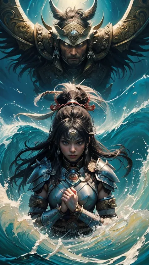 (Tabletop, Highest quality, Highest quality, (((((warrior)))))、Official Art, (beautifully、aesthetic:1.4), (painting:1.4) ),  (warrior 1.5), God of Japanese mythology, Majestic beauty, God of the Sea、God of Waves、Komono、((((Komono))))、Support for reincarnat...