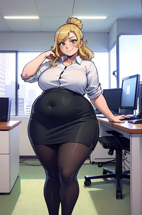 ((high aesthetic, art by BetterWithSalt)), 1girl, wavy blonde hair, hair in a bun, green eyes, black pencil skirt, dress shirt, (pantyhose), cute smile, (plump), [stuffed_belly], (cowboy shot), fancy office background with lots of windows, (best quality, m...