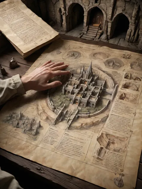 first person perspective looking at a diagram of a fantasy dungeon, traditional media, fantasy parchment, held, hands, anime screengrab, csu, cross-section, from the side, underground, burrow, fantasy landscape, national geographic, best quality, masterpie...