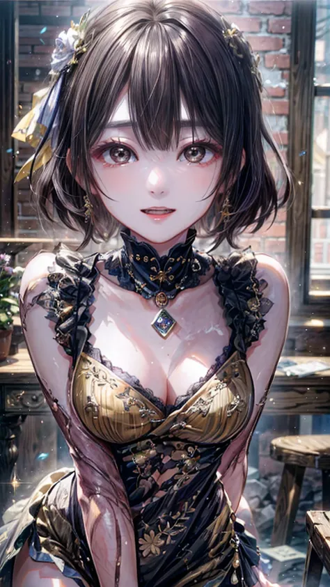 A calm old building、A beautiful girl with a very pretty face、High quality images with emphasis on big breasts、(Small face)、when she leans forward、Her large breasts are fully visible right up to her chest.。.、Cute Yellow Sleeveless Dress、No makeup、Sexy lips ...