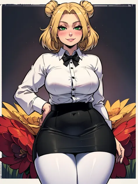 high_aesthetic,art by Lazorchef, ((Masterpiece, best quality, perfect lighting, amazing shading)), perfect anatomy, field of depth, extremely beautiful, blonde hair in a bun, green eyes, black pencil skirt, dress shirt, pantyhose, cute smile, (curvy), blus...