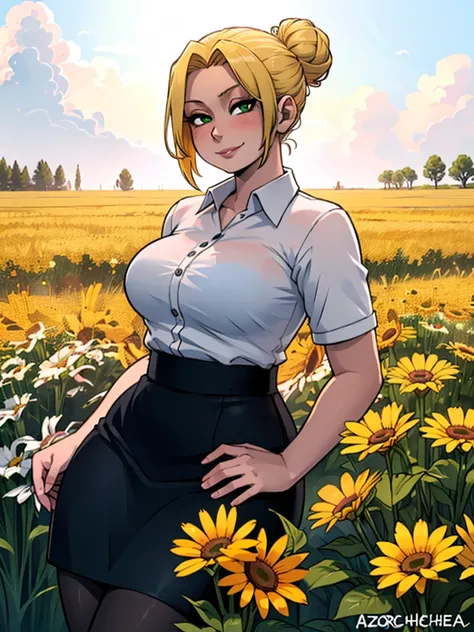 high_aesthetic,art by Lazorchef, ((Masterpiece, best quality, perfect lighting, amazing shading)), perfect anatomy, field of depth, extremely beautiful, blonde hair in a bun, green eyes, black pencil skirt, dress shirt, pantyhose, cute smile, (curvy), blus...