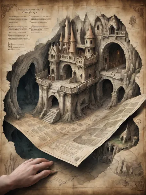 first person perspective looking at a diagram of a fantasy dungeon, traditional media, fantasy parchment, held, hands, anime screengrab, csu, cross-section, from the side, underground, burrow, fantasy landscape, national geographic, best quality, masterpie...