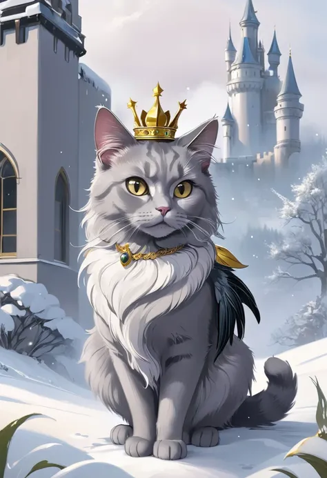 Gray cat with wings, gray eyes with a gold crown, big fur with a castle winter landscape 