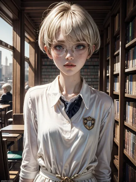 1girl, elegant bearing, small, slender build, short height, narrow shoulders, pale skin dotted by freckles, short platinum blonde hair, (((pixie cut hairstyle))), (((boyish hair))), (dark green eyes), silver glasses, cute facial features with an underlying...