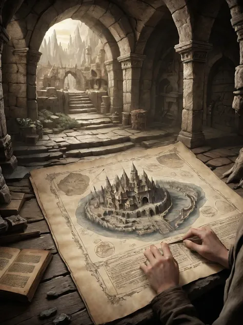 first person perspective looking at a diagram of a fantasy dungeon, traditional media, fantasy parchment, held, hands, anime screengrab, csu, cross-section, from the side, underground, burrow, fantasy landscape, national geographic, best quality, masterpie...