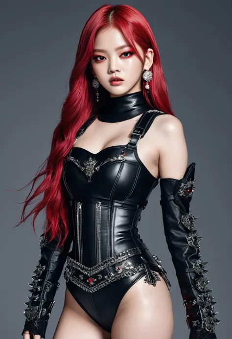 Jennie blackpink in black armor with red, white hair and red eyes full body 