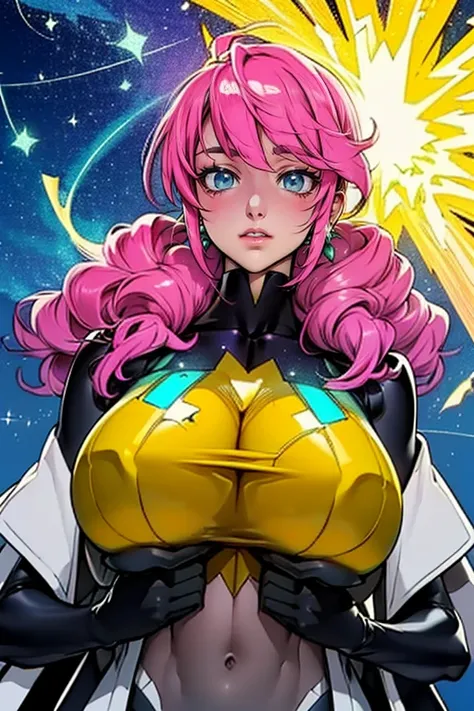 (masterpiece, top quality), (medium),official art, beautiful and aesthetic:1.2),(feldt:1.3), (fractal art:1.3), gundam00, pink hair, ((yellow bodysuit)), from side, (slendered abs:1.2), looking at viewer,(((starry sky))), stars in the background,((black gl...