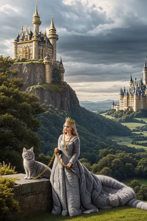 A long gray fur kitten with a gold crown and a gold necklace with a castle with a queen and its cloudy landscape 