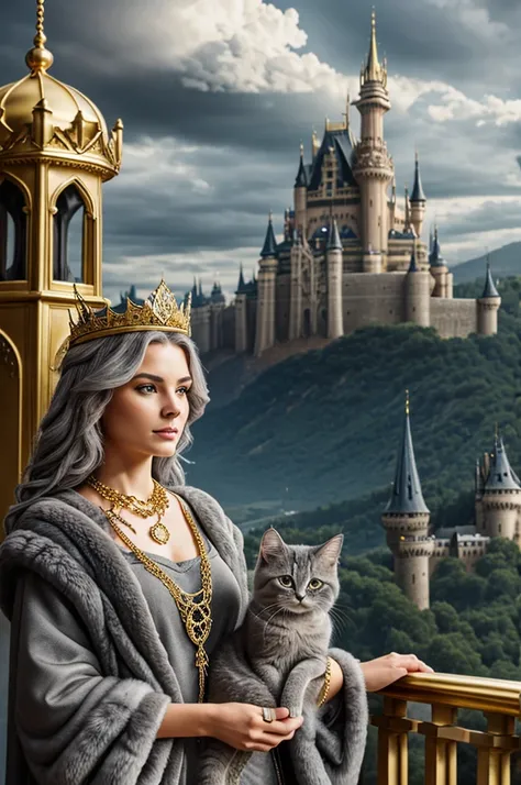 A long gray fur kitten with a gold crown and a gold necklace with a castle with a queen and its cloudy landscape 