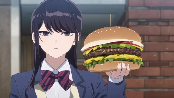  Alone, Upper part of the body, portrait, looking at the viewer, dark blue jacket, striped bow tie, , perfect quality, Good quality, Masterpiece, HDR, UHD, holding a hamburger, offering hamburger to the viewer