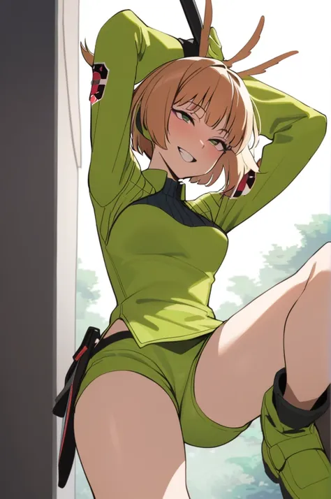 Konami,One girl,smile, View your viewers, Green jacket, gloves, Green shorts,Green footwear, masterpiece,Highest quality,ahegao,motion_Line,(lora:dildoriding2-000005:1)