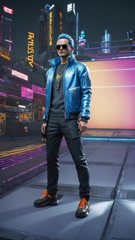 arafed image of a man in a blue jacket and sunglas cyber universe style, fashion gameplay screenshot, wearing cyberpunk 2 0 7 7 jacket, in game style 8k, wearing netrunner clothing, male character, smooth in _ the background, as a character in tekken