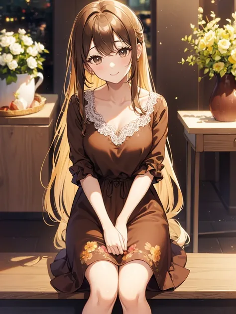 Masterpiece, high quality, A beautiful young woman, She is wearing a shirt brown dress with a floral pattern, smiling Kindly, slender,  Sitting, Looking up at the camera, perfect face, perfect hands, the background is a bright cafe