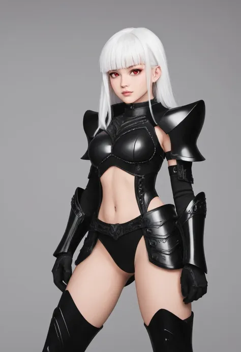 jennie blackpink with white hair and red eyes, black armor with red full body