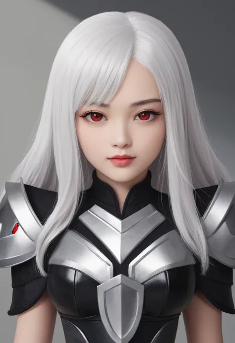 Jennie blackpink with white hair and red eyes, black armor with red full body