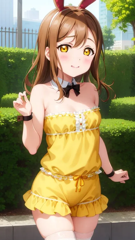 1girl, kunikida hanamaru, brown hair, yellow eyes, blush, messy hair, masterpiece, high quality, detailed body, detailed face, bunny ears, detached collar, strapless leotard, wrist cuffs, fishnets, outside