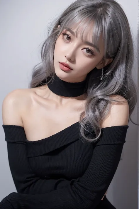 Big Tits,Clothing,Décolletage,Off the shoulder,Plump flesh,254K,choker,Heavy makeup,Center-parted bangs,Silver ash hair color,Curly Hair,Black knit