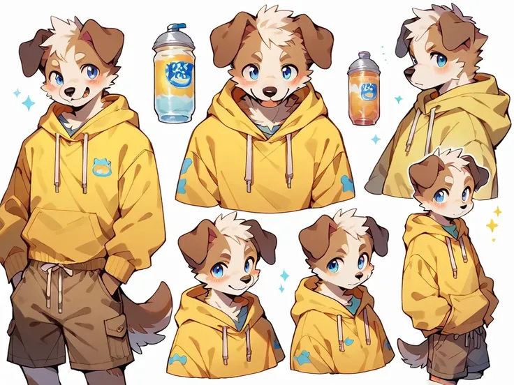 score_9, score_8_up, score_7_up, high quality, hires, anthro, male, domestic dog, folded ears, white fur, brown ears, mostly white fur, blue eyes, yellow hoodie, brown shorts, white background,