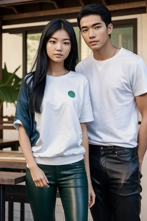 A girl with Asian features has black hair,green eyes,turned up nose and is wearing his white t-shirt and leather sweatshirt,His black and blue pants are on the island of the lost descendants 