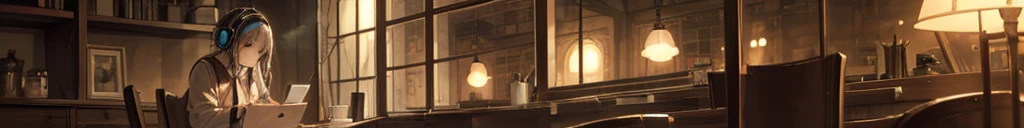 ((Highest quality)), ((masterpiece)), (detailed), One girl,  Antique cafe with large windows,A cafe at night lit by soft sepia light,A dark-haired girl studying with headphones on while drinking coffee,Anime Style,Soft atmosphere,a soothing atmosphere,