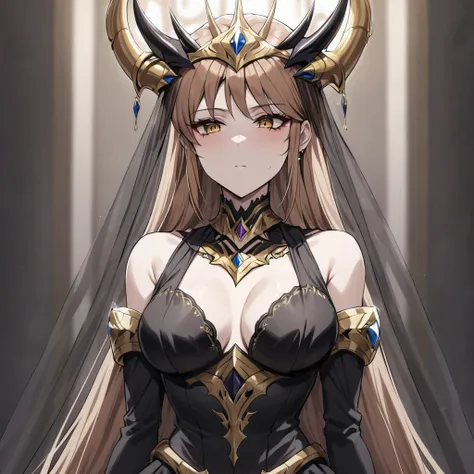 ((Highest quality)), ((masterpiece)), (detailed), （Perfect Face）、The woman is a demon, Princess Leona, the Demon Queen, with medium-long light brown hair. She is wearing a gorgeous black wedding dress decorated with gold and a black wedding veil, and is ge...