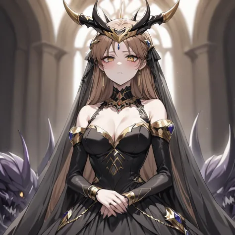 ((Highest quality)), ((masterpiece)), (detailed), （Perfect Face）、The woman is a demon, Princess Leona, the Demon Queen, with medium-long light brown hair. She is wearing a gorgeous black wedding dress decorated with gold and a black wedding veil, and is ge...