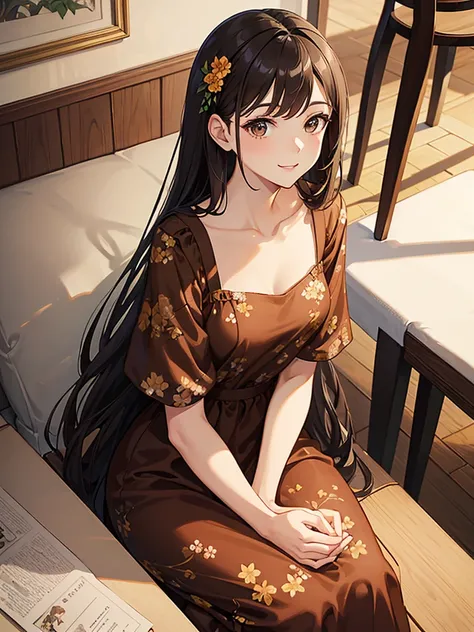 Masterpiece, high quality, A beautiful young woman, She is wearing a shirt brown dress with a floral pattern, smiling Kindly, slender,  Sitting, Looking up at the camera, perfect face, perfect hands, the background is a bright cafe