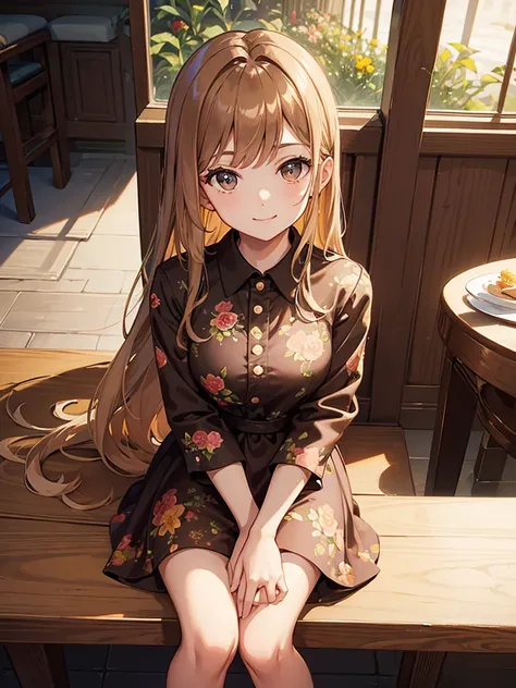 Masterpiece, high quality, A beautiful young woman, She is wearing a shirt brown dress with a floral pattern, smiling Kindly, slender,  Sitting, Looking up at the camera, perfect face, perfect hands, the background is a bright cafe