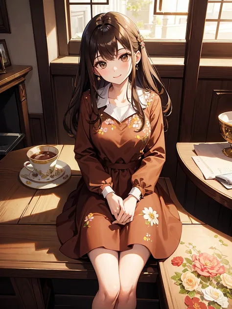 Masterpiece, high quality, A beautiful young woman, She is wearing a shirt brown dress with a floral pattern, smiling Kindly, slender,  Sitting, Looking up at the camera, perfect face, perfect hands, the background is a bright cafe