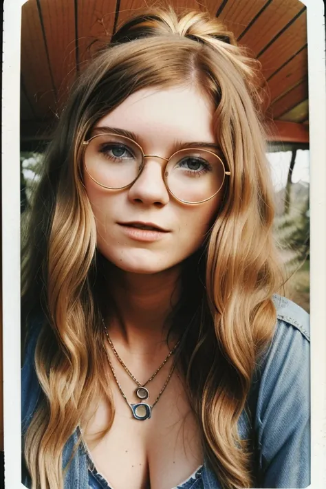 close-up polaroid of attractive woman, 20 years old, (hippie, stoner, 1970s, vintage), midriff, huge hips, long hair, blonde hai...