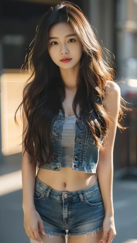 ((Big chest, long hair, small head)), daylight, sunlight, (well-defined abs: 1.1), (perfect body: 1.1), (long wavy hair: 1.2), russet hair, collar, chain, full body photo, shabby street, wearing a black tank top, denim jacket, ((shorttremely detailed CG 8k...