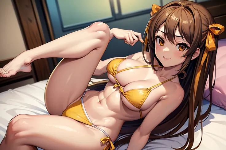 masterpiece, best quality, ultra detailed, ultra high resolution, very detailed face, (((solo))), anime, top down angle, 20 years old girl, slim, ((Haruhi Suzumiya)), (((bikini))), (((bare thighs, pantie))), (((large breast))), (six pack abs:1.2), little s...