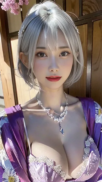 the same,
One Woman,

Silver Hair,
(Short Hair.05),Ashime,straight,

((Flower Hair Ornaments)),Purple Necklace,

Natural skin texture,Big boobs,Narrow waist,
Pink Lipstick,

kimono,White bra,Hydrangea pattern,

Urban area,Outdoor,

Slightly larger breasts,...