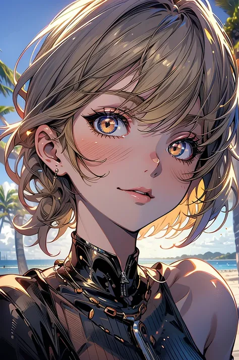 masterpiece, rich colors, Best quality, detailed, high resolution, Hyper quality, high detail, , high quality, detailing, skinny sexy girl on the beach , bright lighting , Brown eyes, Anime, palm trees, bright lighting, blonde,