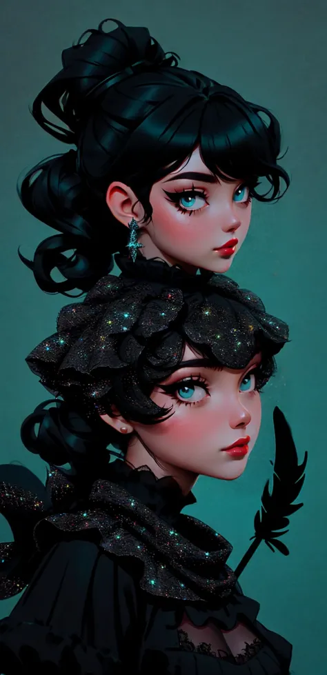 A Cat girl wearing black lacey dress, Fantasy outfit. Black curly hair in an updo with feathers as a cowl, with teal eyes and red makeup