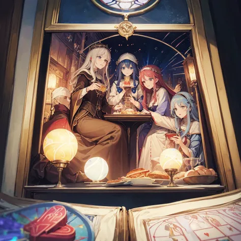 Tarot Cards（Female Pope(Salvator Mundi）のLast Supper（　canteen　Draw on canvas（Stained glass（Valentine　hologram　Blue light swirling）　Last Supper　　holy grail　Christ　smile）Anime Poster、oil）
