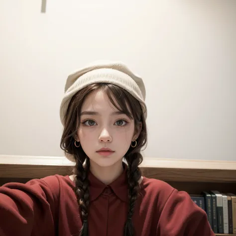  (Masterpiece:1.3), (Best Quality:1.3),inside,Bookshelf,window,Alone,1 girl, journey_black beer, Upper part of the body, standing,Brown Hair, Brown eyes, Alone, Hairclip, earrings, jewelry, short_Hair, White_hats, has, Hair_ornament, Brown_gloves, collar, ...