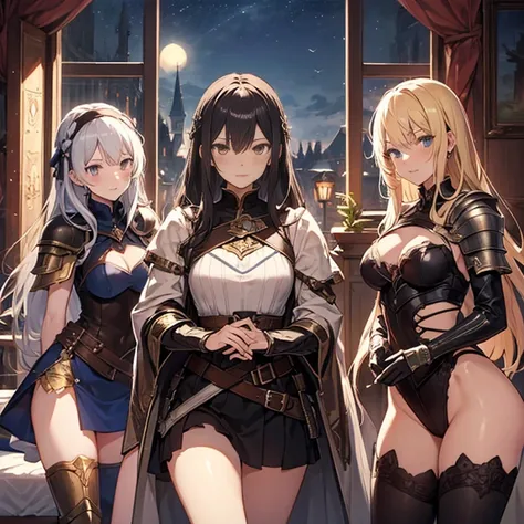 A group of  female medieval fantasy adventurers, (in bedroom), various hair styles, harem, night, details face, short skirt, seducing, sleeveless, armor 