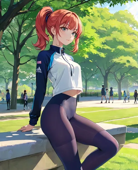 masterpiece、mastepiece、22 year old anime girl、random hairstyle、perfect proportions、wear sports tights、the background is a park