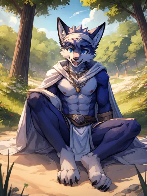 teenanger,solo,freshmen,young people,white hair, nipples，fox, blue eyes, masterpiece, bright blue fur, clean face, blue necklace, thick eyebrows, detailed eyes, anthro, claw, (white headband),white hands,white feet,white cape，outdoor,open mouth,looking at ...