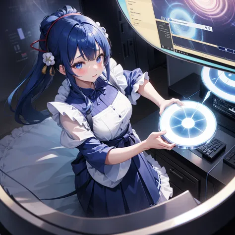 One woman,Maid,Wearing Japanese clothing,Multiple Monitors（Streaming screen　hologram）,Swirling blue light,Izakaya