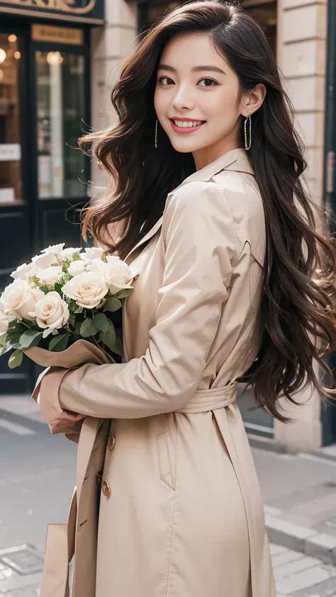 highest quality、4K、Perfect Face、Perfect Style、Sunburn、beautiful、stylish appeal、Mature、long layer curly hair、Swept-back hair、in paris 、full body, giddy smile、havin a rose bouquet 、hoop pierce、trench coat、backless, show more skin