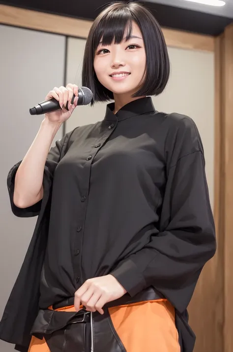 Please create an image of a Japanese woman in her 20s who looks like an idol、Black blouse、Short Bob、Orange Hair、indoor、Ultra HD、Highest Resolution、Put your entire upper body in、Hold the microphone、smile, Vertical aspect ratio