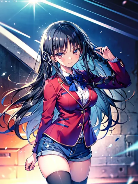 (8k, highest quality, highest quality, masterpiece), aasuzune, long hair, black hair, (single braid:1.2), hair ribbon, red jacke...