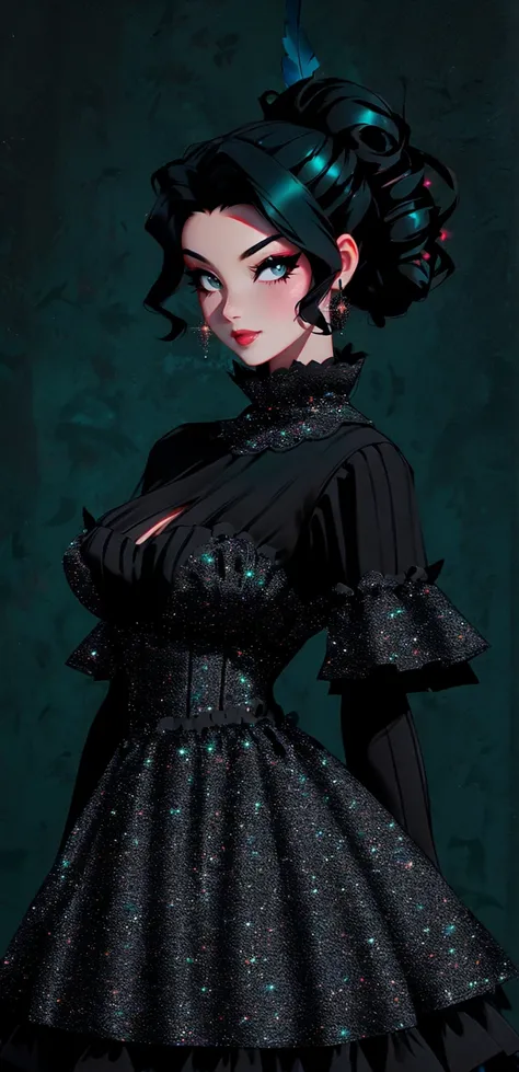 A Cat girl wearing black lacey dress, Fantasy outfit. Black curly hair in an updo with feathers as a cowl, with teal eyes and red makeup, full body, gothic, grungey, smirk, mischevious smile, cat girl