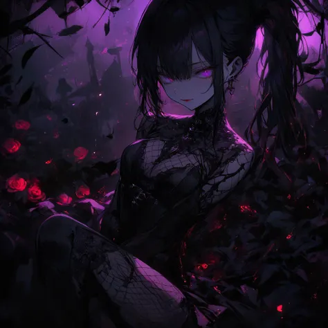 （dark atmosphere，gothic fashion，bright colors），（best quality，Super exquisite，），Sexy goth Vampire girl，In the rose garden at night，Beautiful and delicate eyes，Straight black ponytail with blue tips，Crow feathers，red lipstick，mysterious smile，Pale complexion...