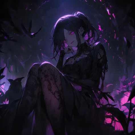 （dark atmosphere，gothic fashion，bright colors），（best quality，Super exquisite，），Sexy goth Vampire girl，In the rose garden at night，Beautiful and delicate eyes，Straight black ponytail with blue tips，Crow feathers，red lipstick，mysterious smile，Pale complexion...